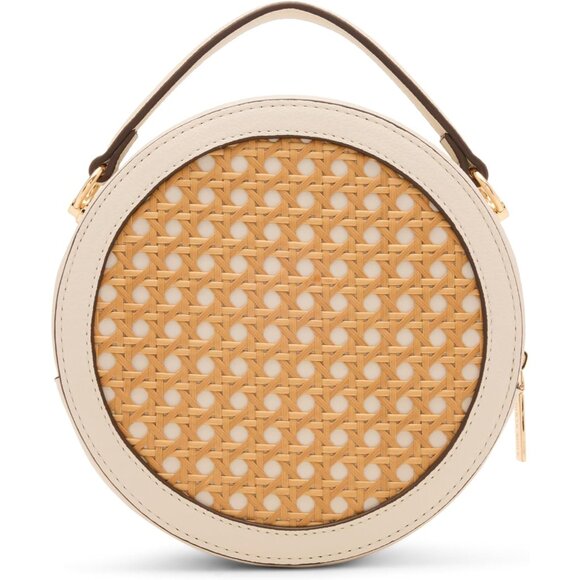 Womens Caning Circle Bag Natural Parchment Stylish Compact Zipper